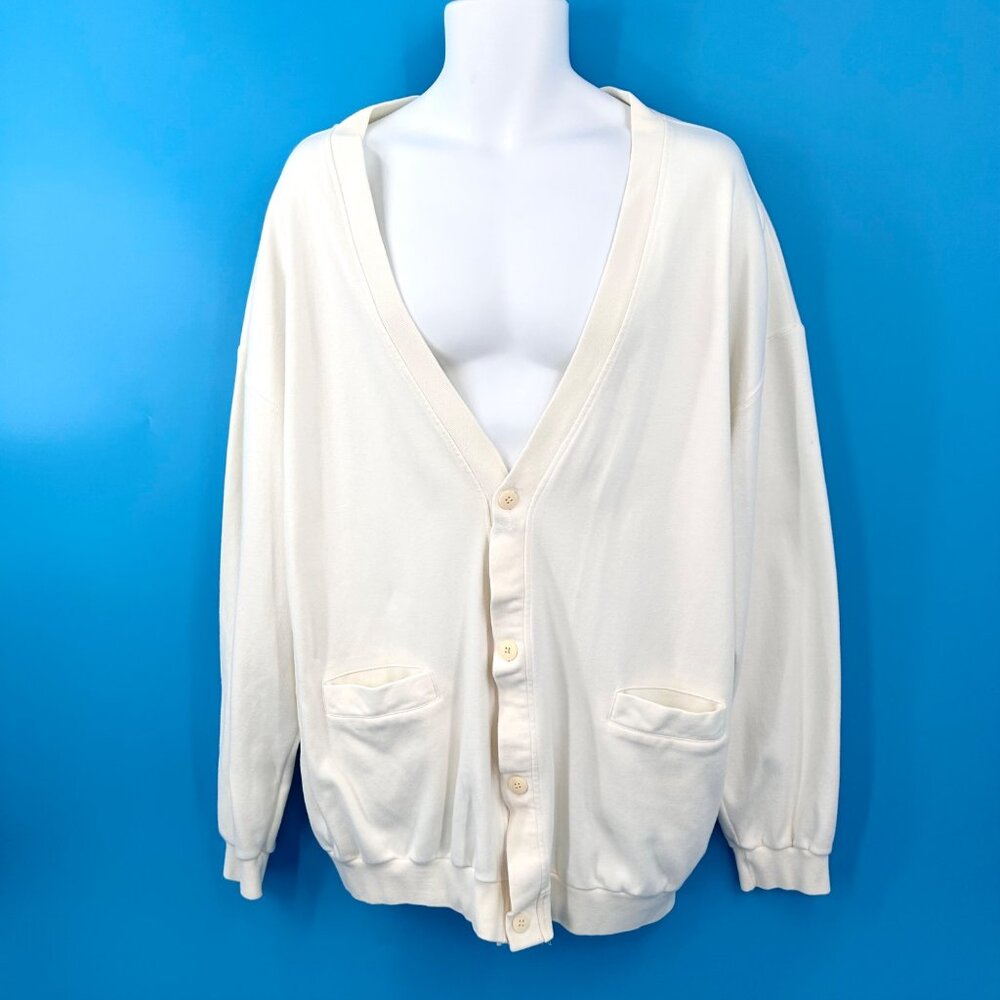 VINTAGE JOHN ASHFORD SPORT WHITE GRANDPA CARDIGAN NON SWEATER W/POCKETS - L
